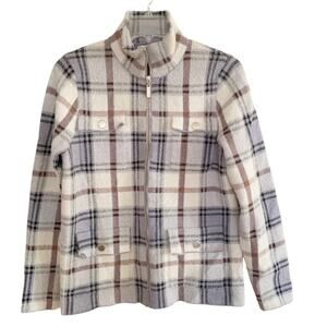 Rachel Zoe Blue Cream Plaid Zip Front Fuzzy Cardigan Jacket Medium NWOT